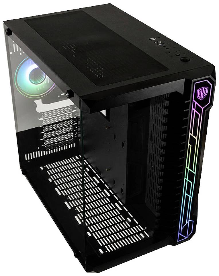 Black PC case with glass window and RGB lighting. Visible fans with coloured light, suitable for gaming PCs.