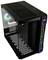Black PC case with glass window and RGB lighting. Visible fans with coloured light, suitable for gaming PCs.
