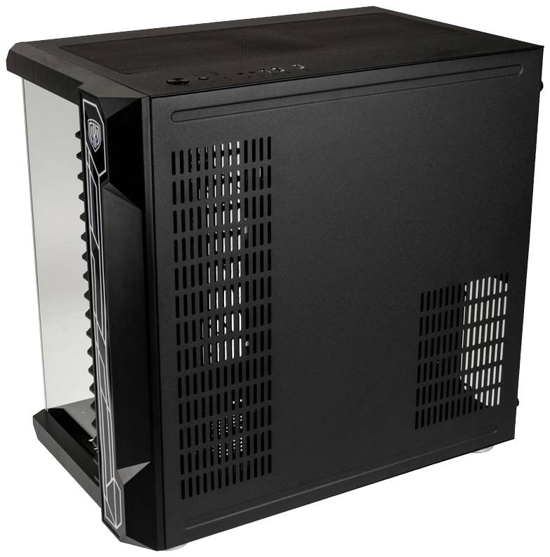 Black computer case with several ventilation grilles on the sides and a transparent panel on one side, featuring a modern design.
