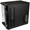 Black computer case with several ventilation grilles on the sides and a transparent panel on one side, featuring a modern design.