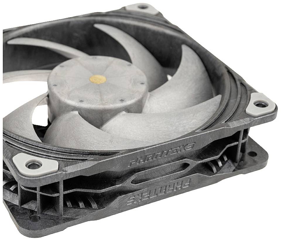 Computer fan made of grey plastic with multiple blades, used for cooling in electronic devices or PCs.