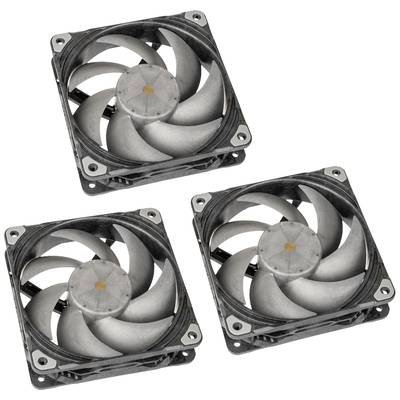 Three computer fans in a square formation, arranged side by side. They have a grey design with central mounting.