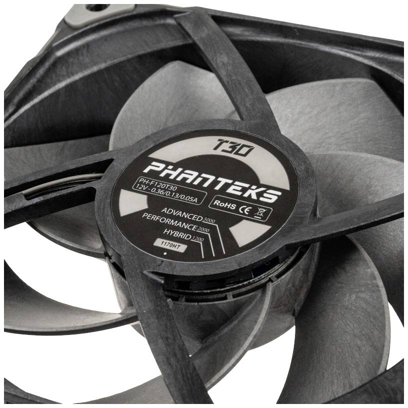 Fan by Phanteks with model number T30, showing the central area with brand name and technical specifications on the label.