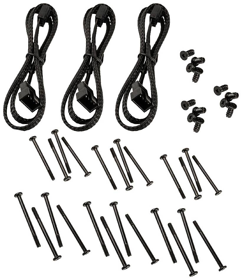 Black cable ties and various screws of different sizes displayed on a white background.