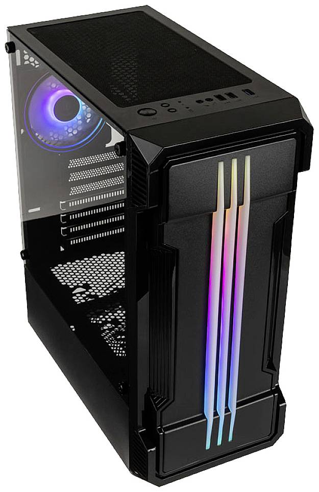 Black computer case with side glass window, illuminated fan, and vertical RGB light strips on the front.