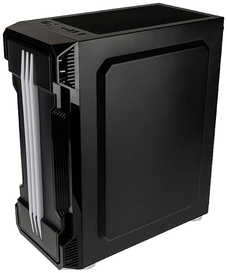 Black computer case with white vertical ventilation strips on the front. Modern design for gaming or office PCs.