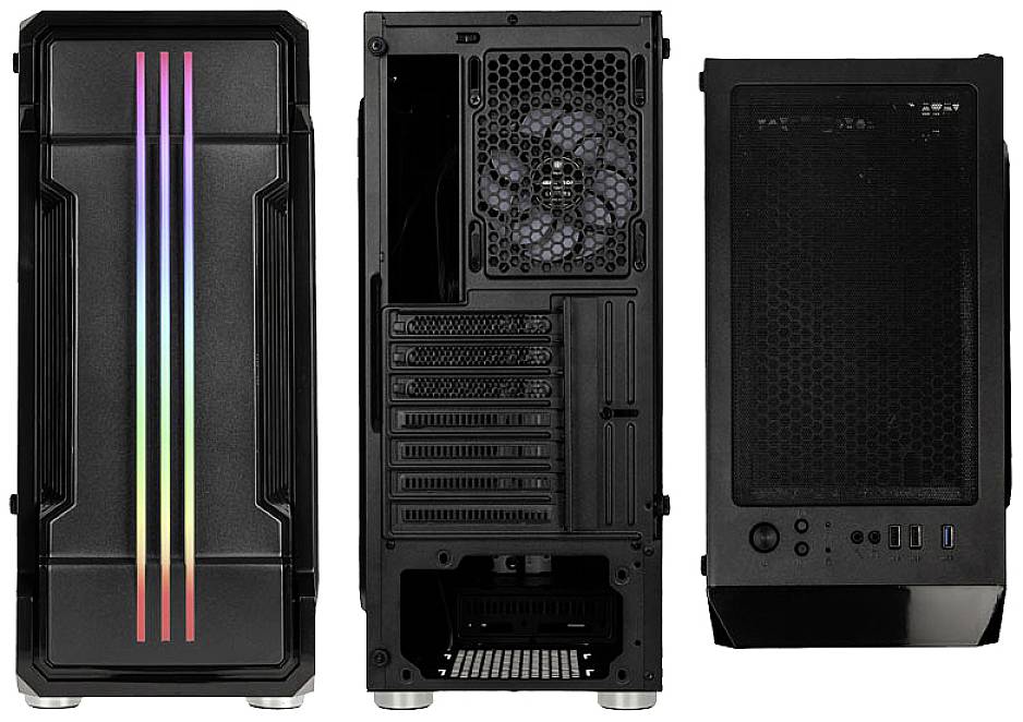 Computer case in black with RGB LED strips at the front, rear and top surfaces displaying ventilation grilles and connection options.