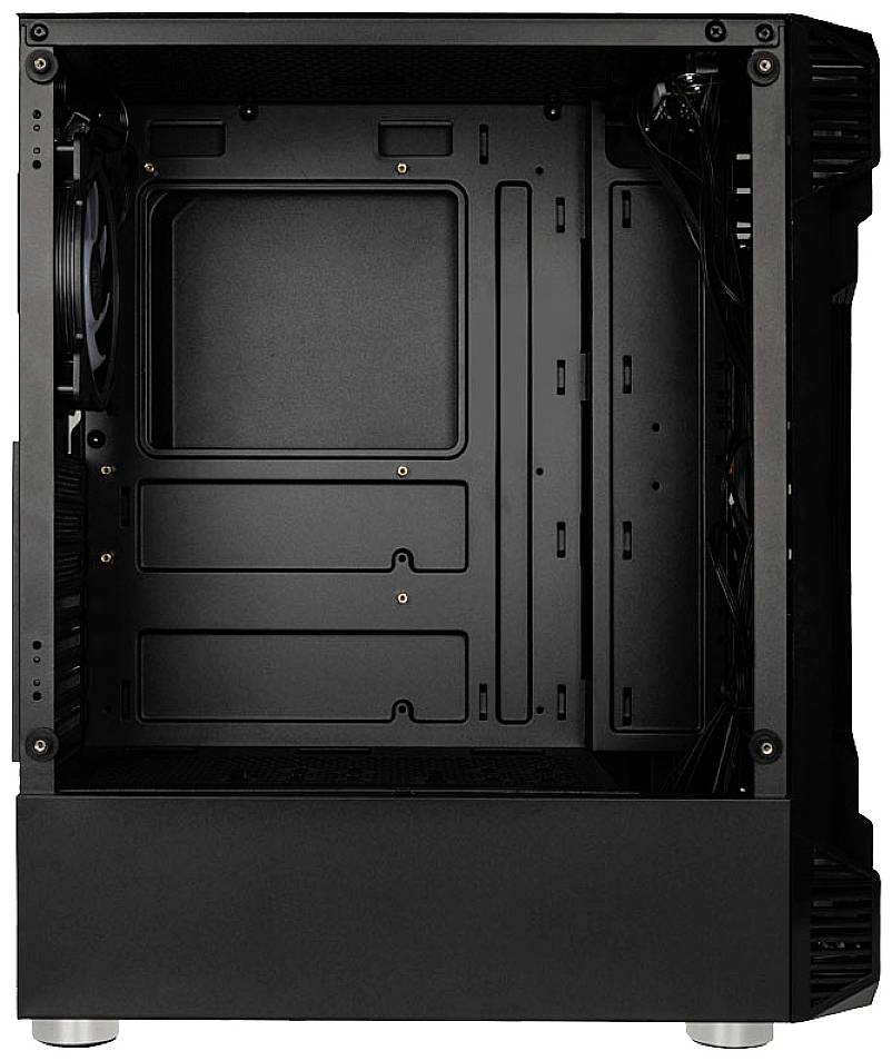 An open computer chassis without hardware, featuring visible, structured internal walls and multiple expansion slots for components.