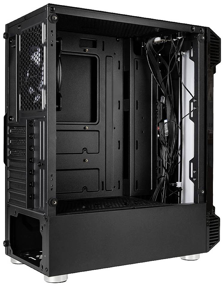 An open, empty computer case with visible cables and fans, ready for hardware components.