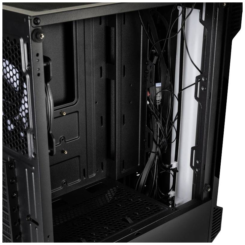 Computer case without components, showing interior space for motherboard, cable management, and fan mounting locations.