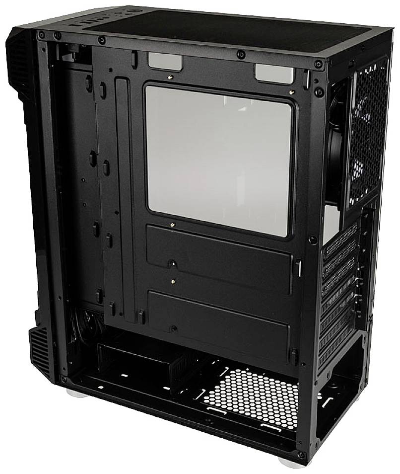Black metal computer case with side panel removed. Visible are fan mounting spaces, cable routing areas, and component installation surfaces.