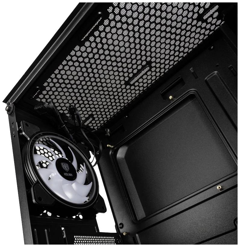 Empty computer case with an open side panel, visible fan at the top, and streamlined design.