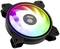 A round computer fan with illuminating RGB colours. It has a central logo and is secured by four screws at the corners.