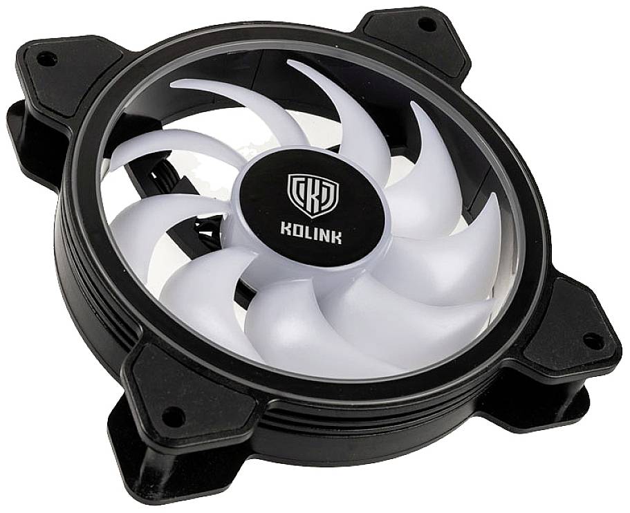 Black computer fan with white blades and the 'Kolink' logo in the centre. It has four mounting holes at the corners.