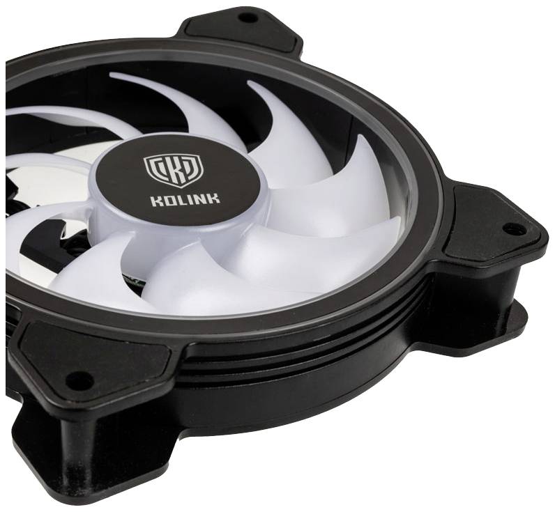 Computer fan in close-up, round, black with white blades, mountable through four corner holes, 'Kolink' brand visible on the hub.