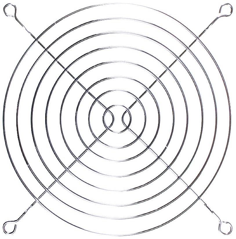Metal grille with concentric circles and four mounting points, typically used as a protective guard for fans or ventilators.