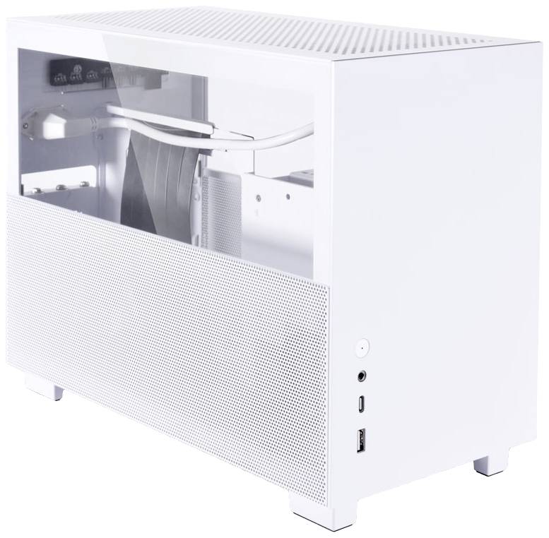 A white computer case with a side viewing window. Visible are a heatsink and various ports on the rear.