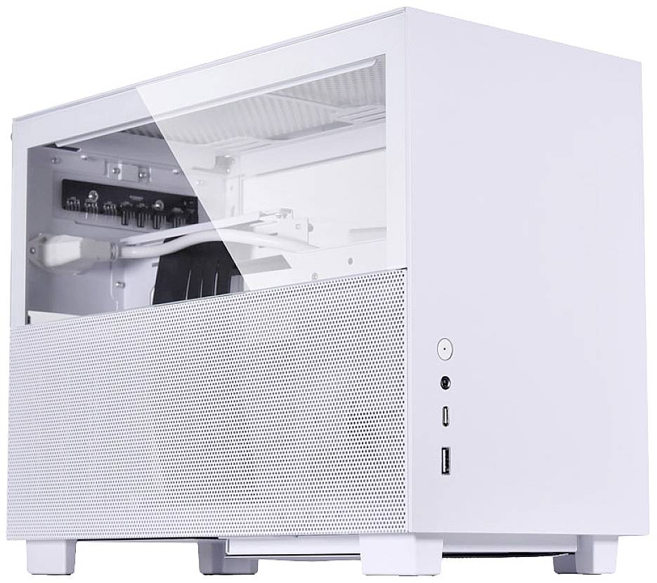 White, rectangular computer cases with a glass window on one side, revealing parts of the internal hardware; modern, minimalist design.