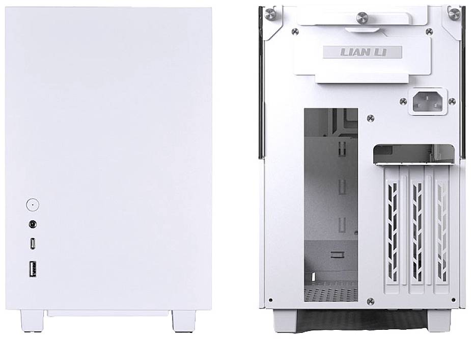 A white computer case viewed from the front and back. At the front are a USB port and a headphone socket. At the back are expansion slots and ventilation openings.