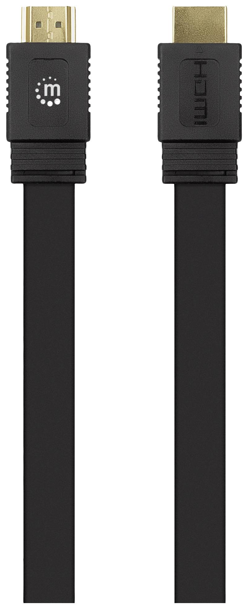 Flat black HDMI cable with gold-plated connectors and the inscription 'HDMI' on one of the plugs.
