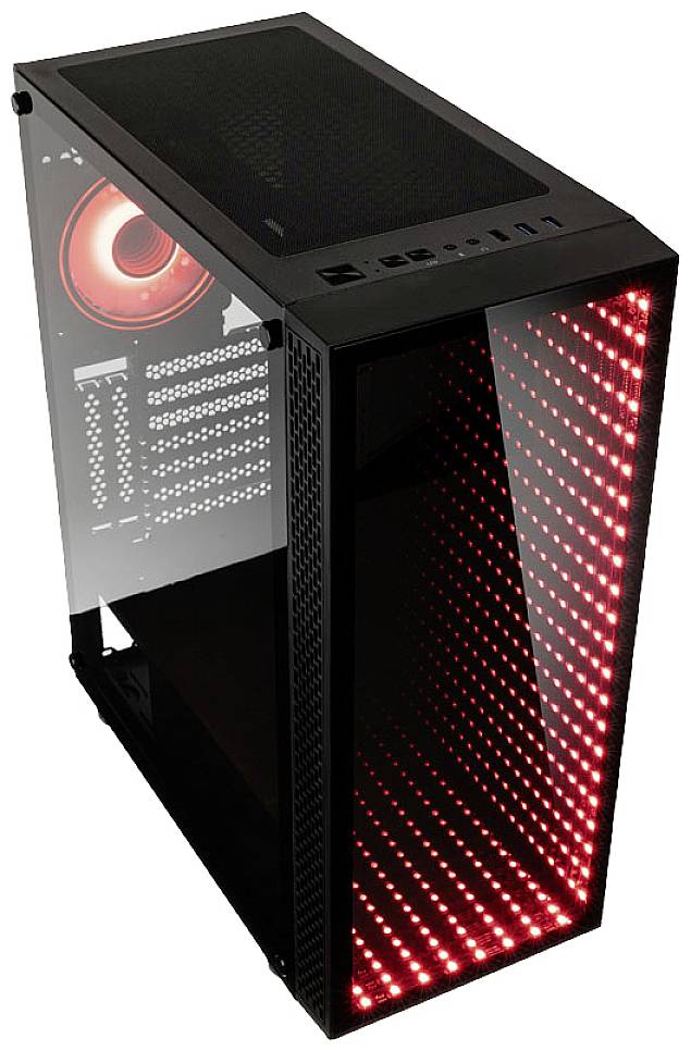A black PC case with a transparent side panel. Red LED lights on the front create a futuristic effect.