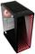A black PC case with a transparent side panel. Red LED lights on the front create a futuristic effect.