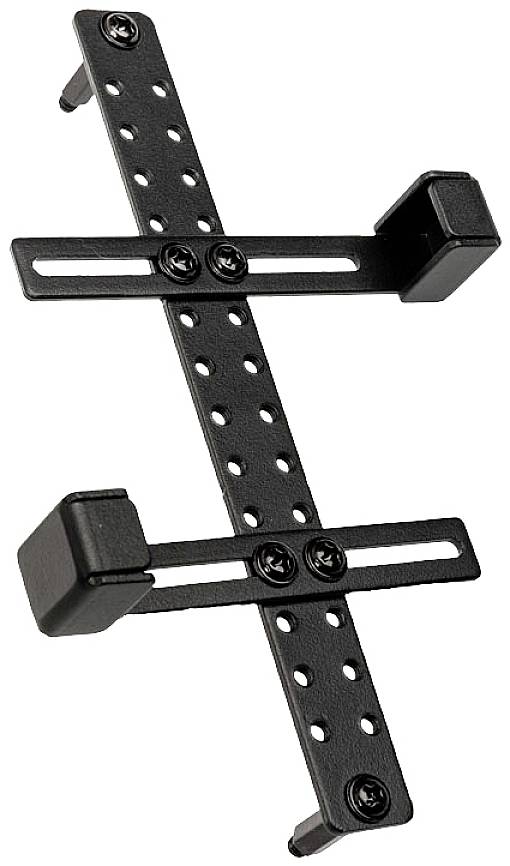 An adjustable, black metal bracket with multiple holes, suitable for securing various devices or items.