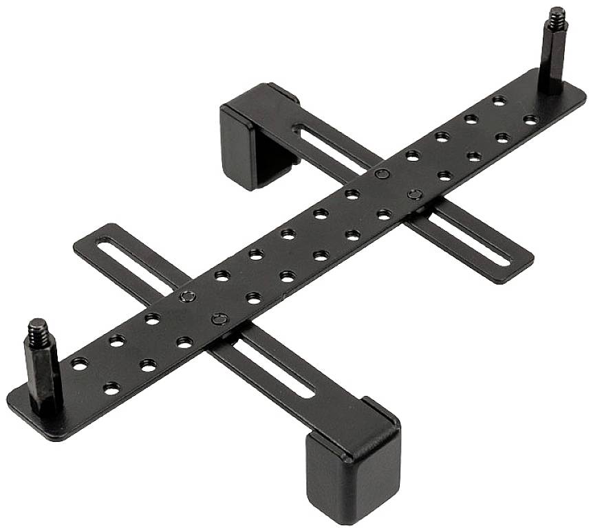 Metal mounting bracket with adjustable rails and holes, suitable for fixing or mounting on various surfaces.