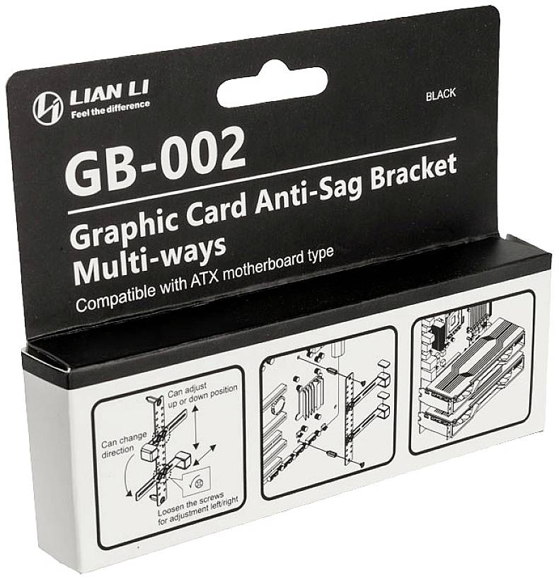 Packaging for a graphics card holder 'GB-002' by Lian Li, with installation illustrations for ATX motherboards, in black.