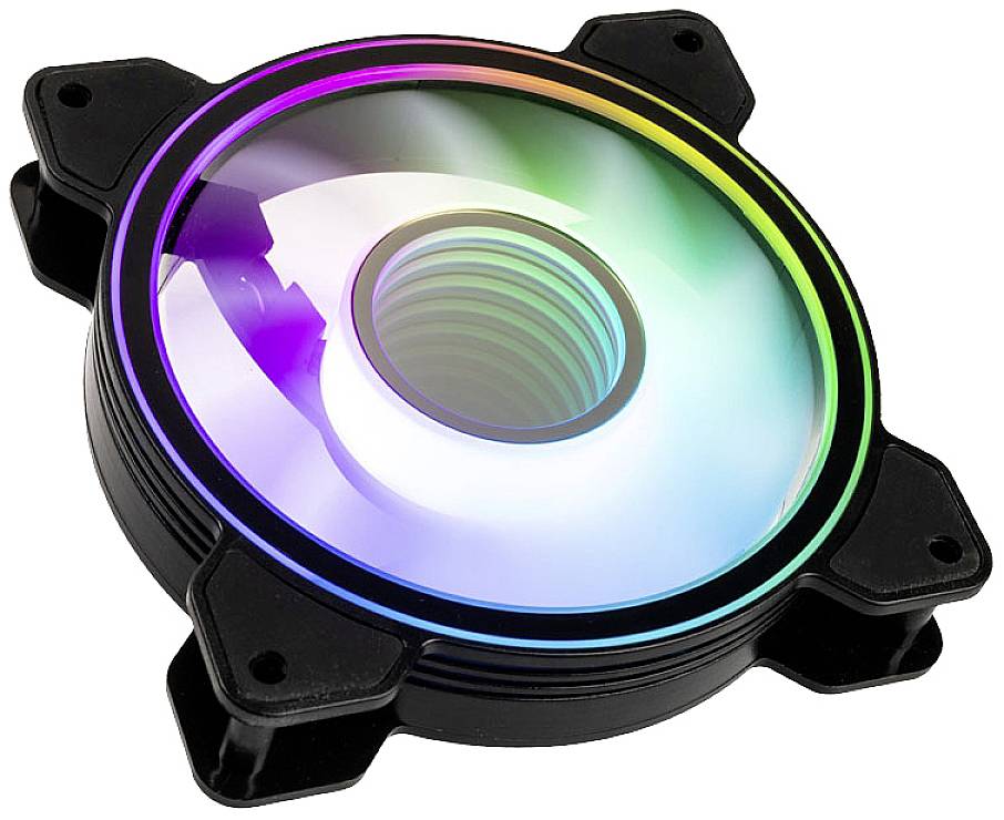 Cooling fan with RGB lighting in rainbow colours for computer cases, circular with square mounting bracket.
