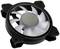 Fan with a black and white casing. Used for cooling in electronic devices. Primarily integrated in computers.