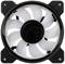 A white computer fan with nine rotor blades in a black round housing.