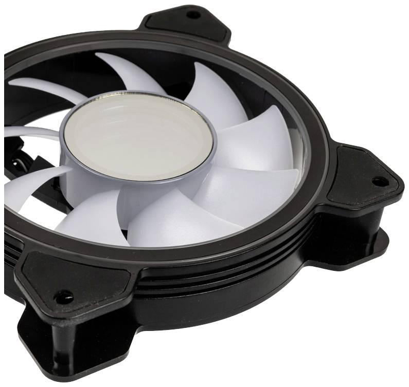 A white computer fan with black accents, used for cooling PC cases.