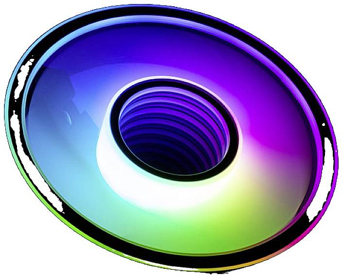 Colourful speaker design with bright, blending colours forming a concentric circle.