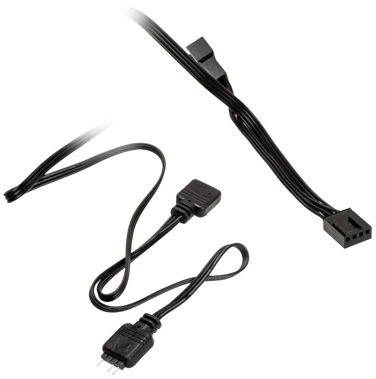 Black RGB fan cable with multiple connectors, suitable for connecting fans to a motherboard.