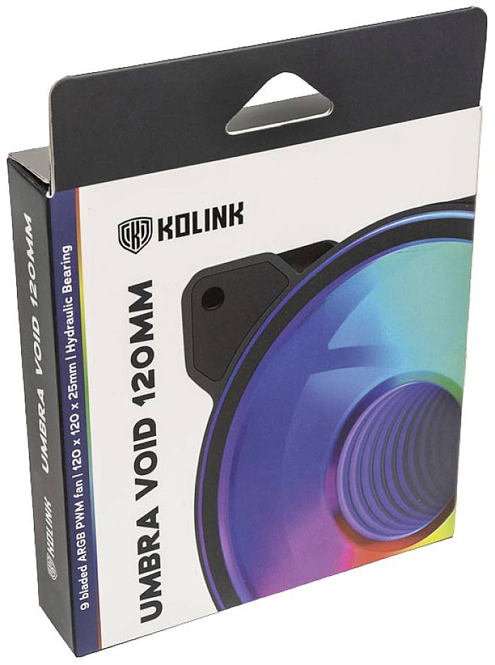 Packaging of a Kolink Umbra Void 120mm case fan with rainbow ARGB lighting and hydraulic bearing.