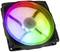 Illuminating computer fan in rainbow colours, square-shaped, transparent design, visible rotor.
