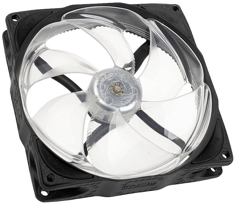 A transparent computer fan with five blades in a square black frame.