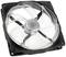 A transparent computer fan with five blades in a square black frame.