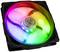 A computer fan with LED lighting in various rainbow colours is spinning rapidly.