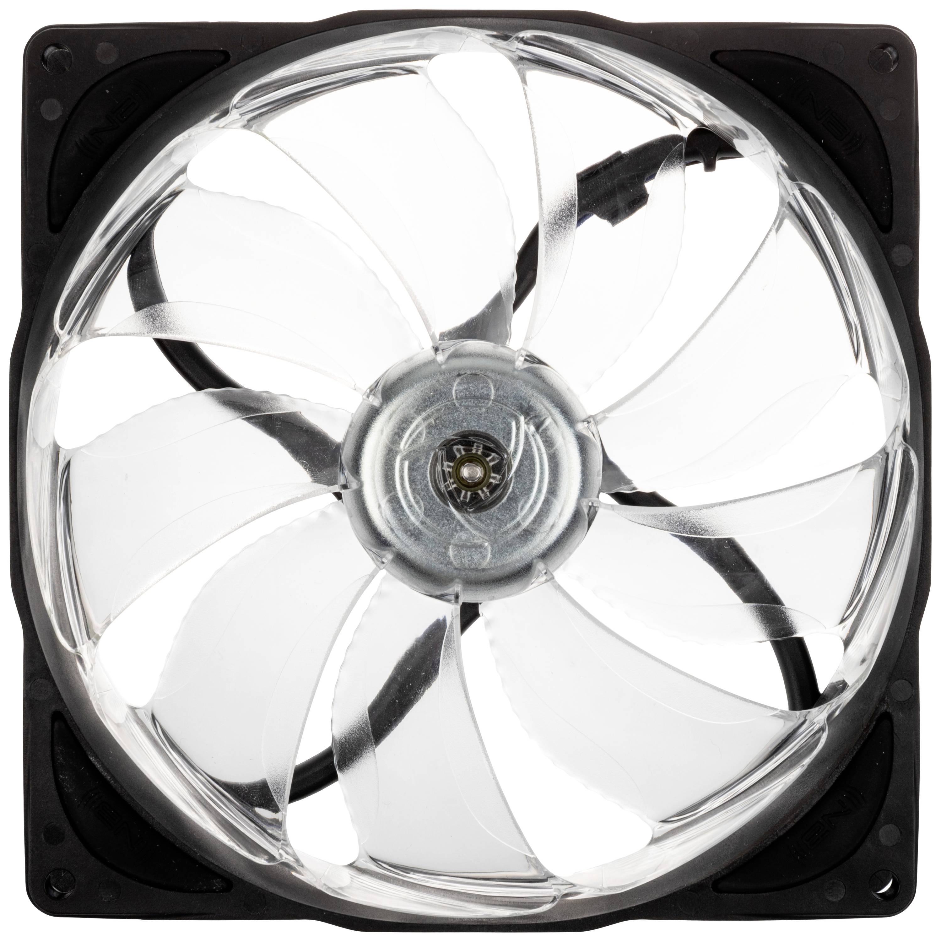 A square, transparent computer fan with nine blades and a black frame, viewed from above.