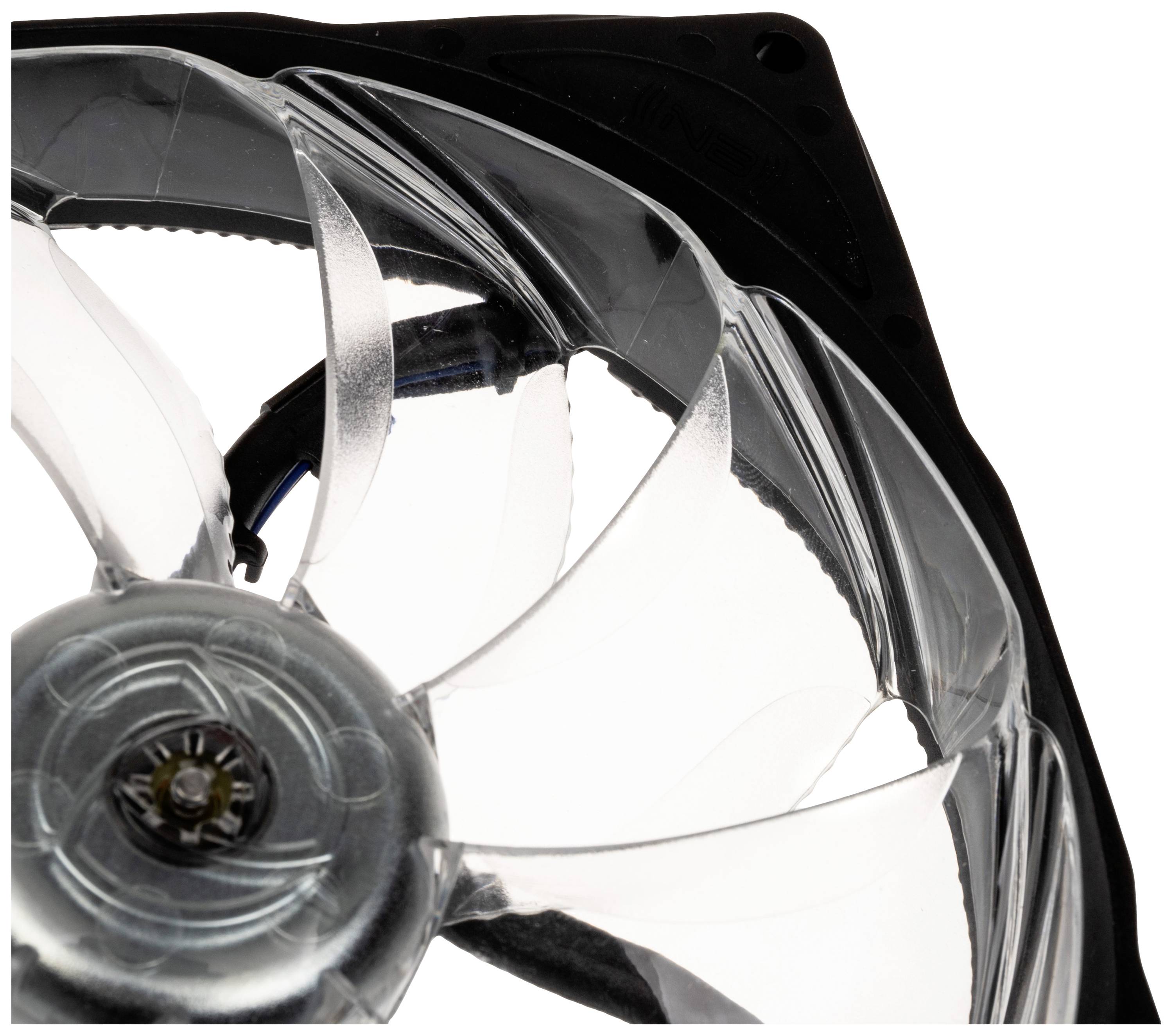 Close-up of a transparent computer fan with a silver hub and multiple blades against a black background.