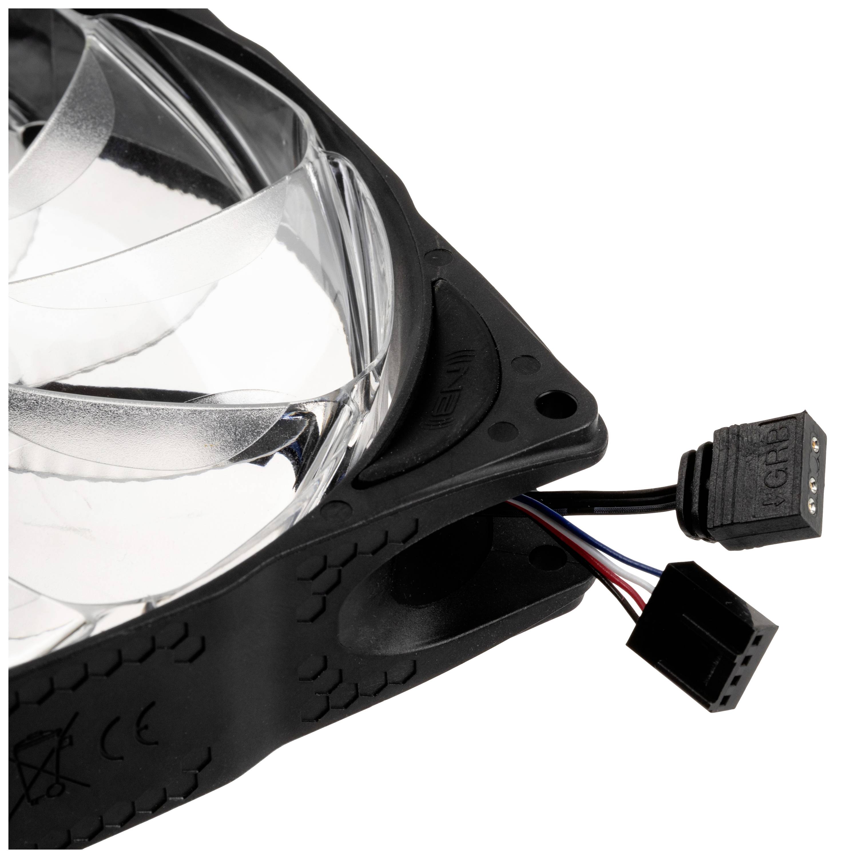 A computer fan with transparent blades and an RGB connection cable on the side. Suitable for cooling PCs.