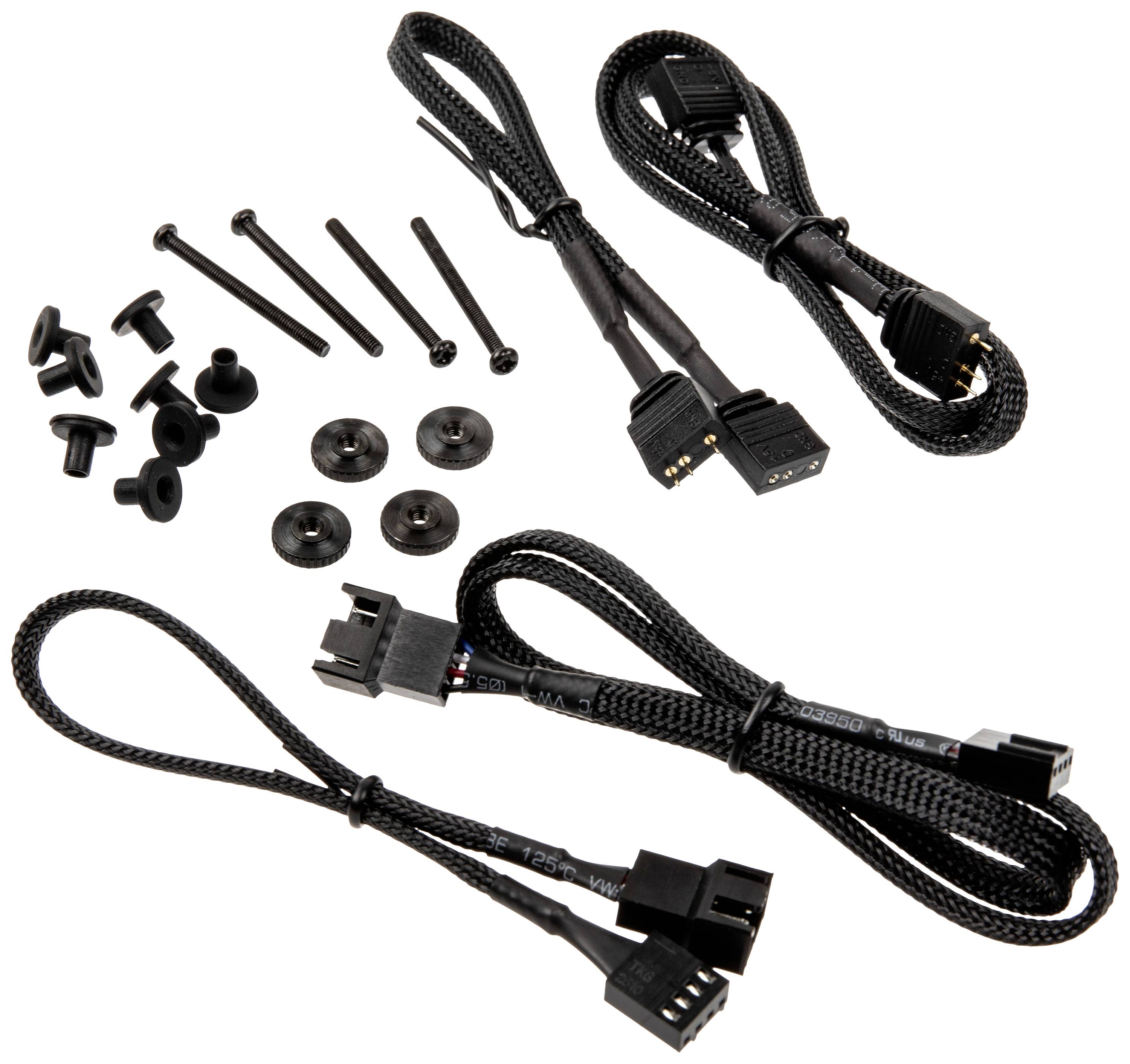 Black-sleeved computer cables, screws, cable ties and rubber buffers used for internal PC connections.