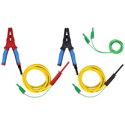 Five test leads with crocodile clips in various colours: Red, Blue, Black, Green and Yellow, on a white background.