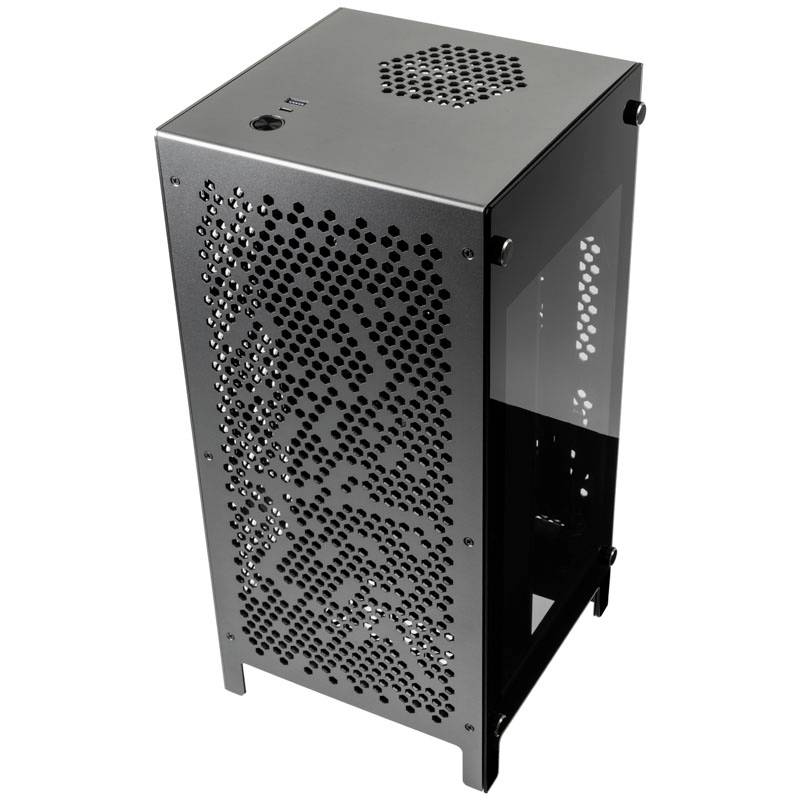 Black, rectangular mini computer tower with a side glass window and perforated ventilation pattern. Vertical orientation.
