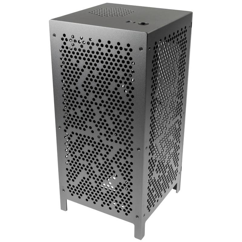 A black, vertical computer tower case with a perforated design for ventilation. Ports and switches are located on the top.