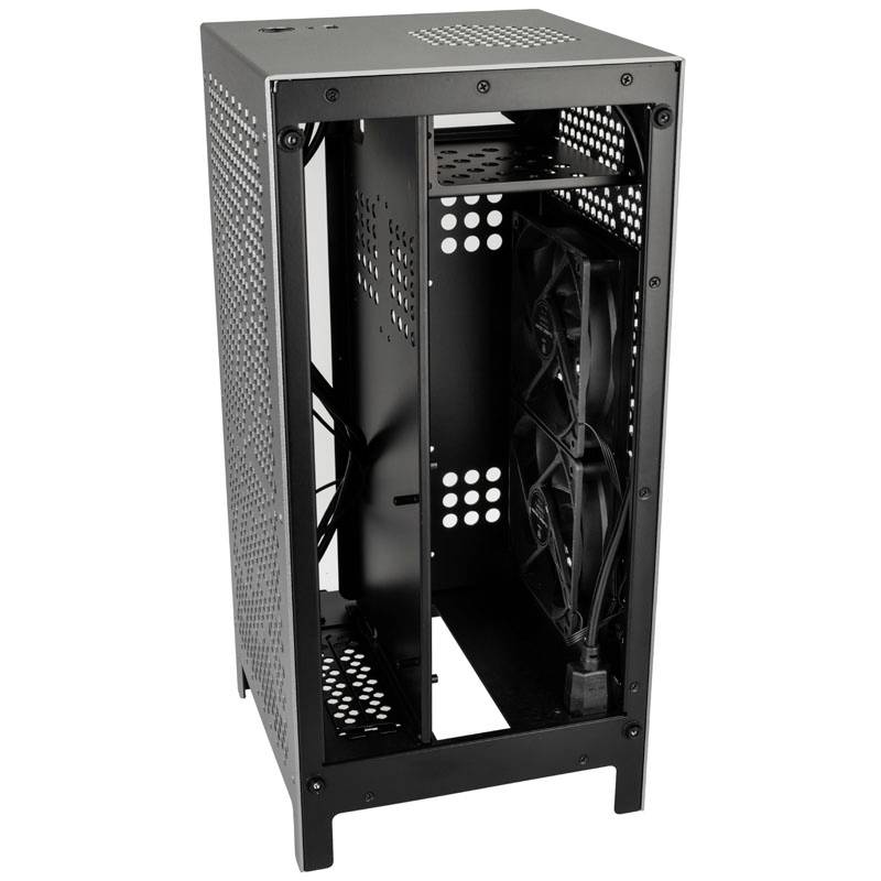 Black computer tower with a perforated side panel and two fans visible on the rear.