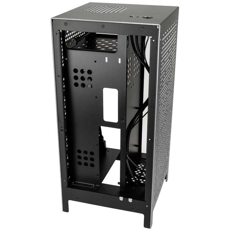 Black, vertical PC case, without front and side panels, reveals internal structure with cable management and ventilation slots.