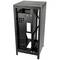 Black, vertical PC case, without front and side panels, reveals internal structure with cable management and ventilation slots.
